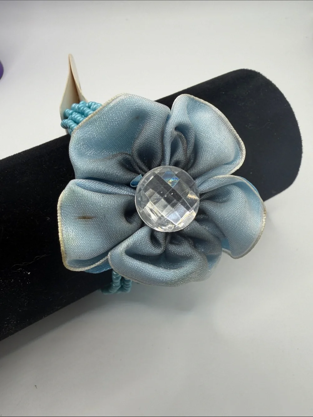 Blue Fabric Flower Bracelet with Crystal Accent